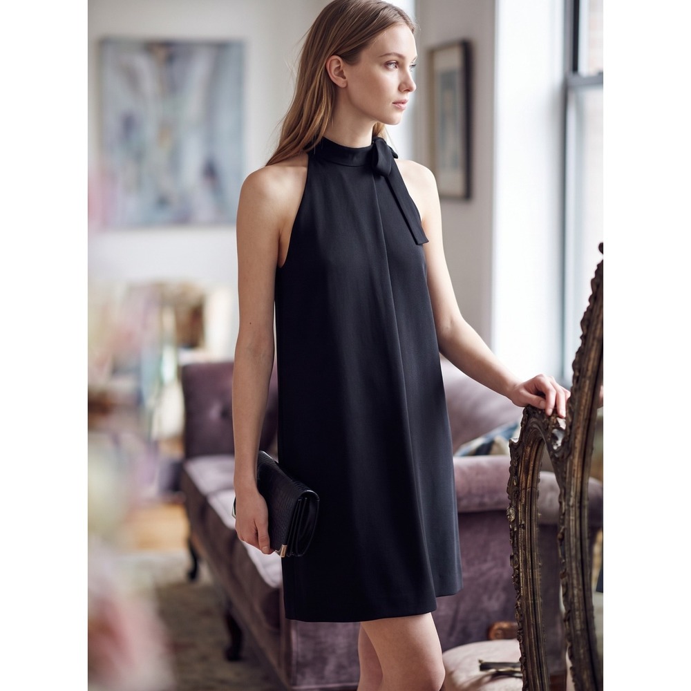 Theory Espere Tie Neck Admiral Crepe Sleeveless Shift Dress Black Size 8 $315